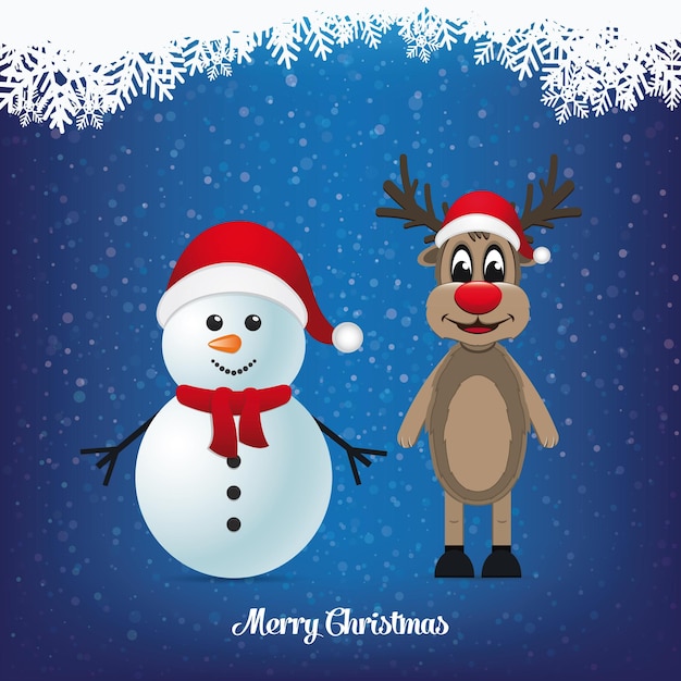 Vector reindeer and snowman winter snowy landscape