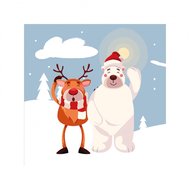 Reindeer with polar bear in winter landscape