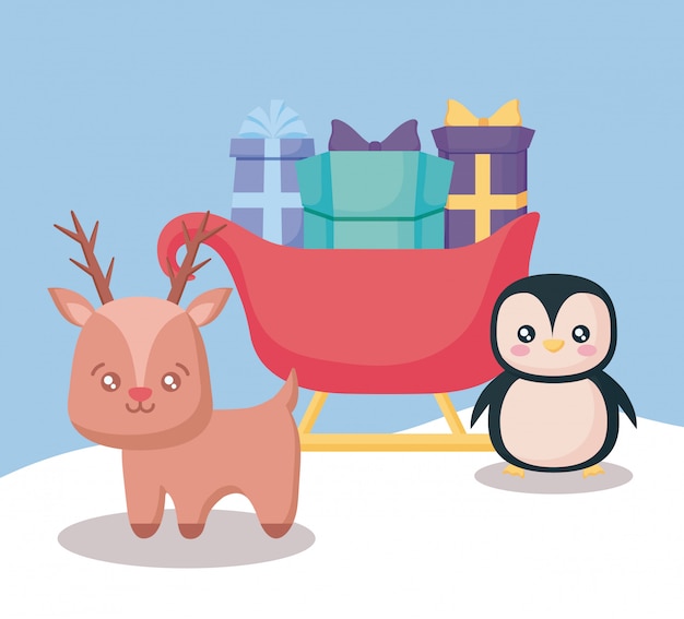 Reindeer with sled of gift boxes and penguin christmas