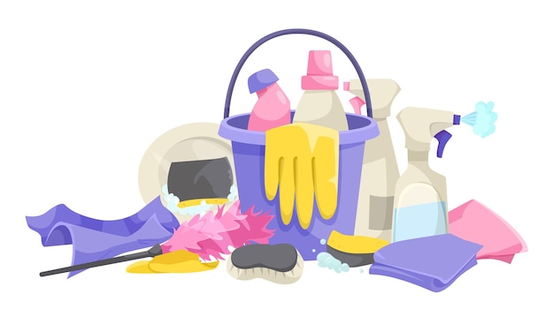 Reinigingsmiddelen en gereedschappen verzameling in een emmer vector illustratie