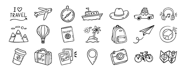 reis doodle handgetekende icoon set Outline tekening reis toerisme lijn clipart symbolen