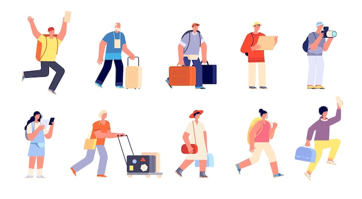 Vector reis mensen met bagage reiziger vakantie familie toerist in luchthaven geïsoleerde haast om te vertrekken jonge reiskarakters volslagen vector set