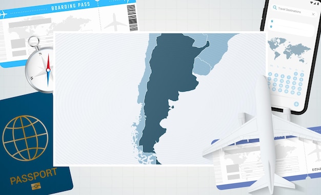 Reis naar Argentinië illustratie met een kaart van Argentinië Achtergrond met vliegtuig mobiele telefoon paspoort kompas en tickets