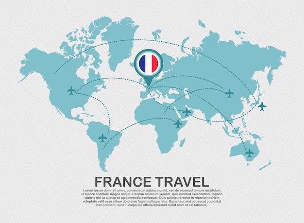 Reis naar de poster van Frankrijk met wereldkaart en vliegend vliegtuigroute zakelijke achtergrond toerismebestemming