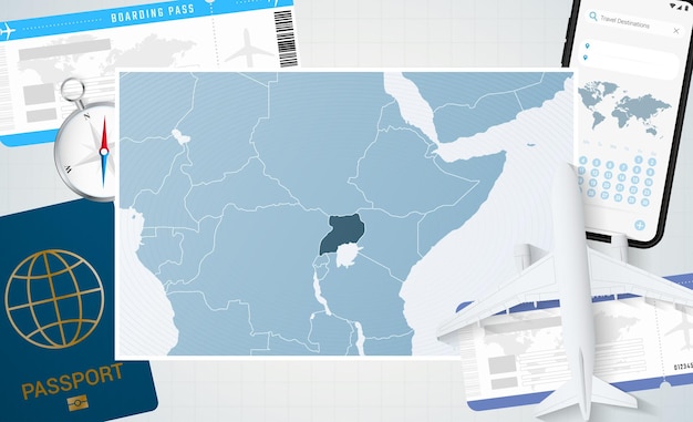 Reis naar Oeganda illustratie met een kaart van Oeganda Achtergrond met vliegtuig mobiele telefoon paspoort kompas en kaartjes