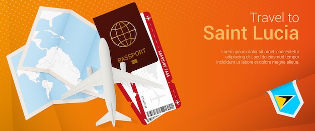 Reis naar saint lucia popunderbanner reisbanner met paspoortkaartjes instapkaart vliegtuig