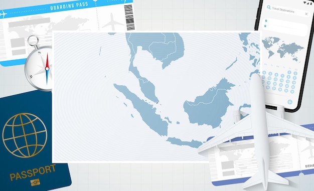Reis naar singapore illustratie met een kaart van singapore achtergrond met vliegtuig mobiele telefoon paspoort kompas en kaartjes