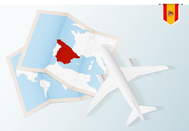 Reis naar Spanje, bovenaanzicht vliegtuig met kaart en vlag van Spanje.