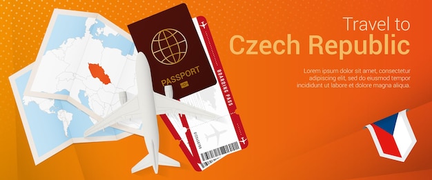 Reis naar tsjechië pop-under banner. reisbanner met paspoort, tickets, vliegtuig, instapkaart, kaart en vlag van tsjechië.