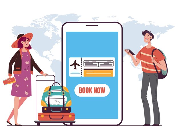 Reis online ticket reservering smartphone app concept grafisch ontwerp illustratie