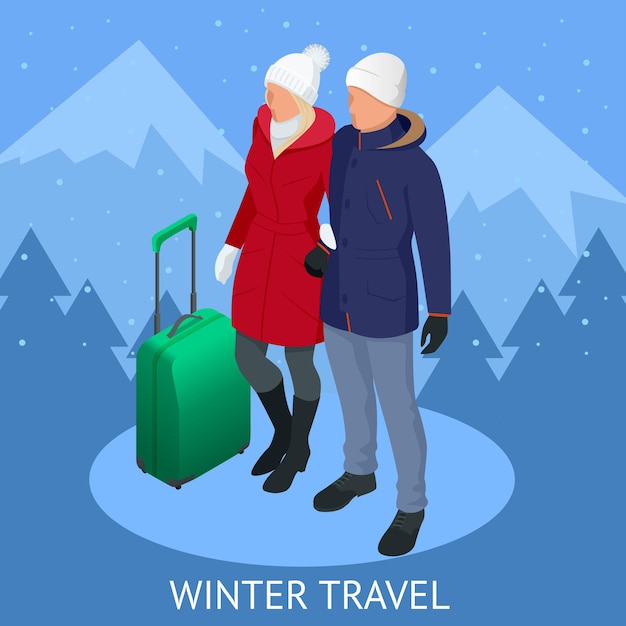 Vector reis op een wintervakantie in de bergen. winter reisconcept. kerst reizen. reis naar de wereld. banner, reis, illustratie.