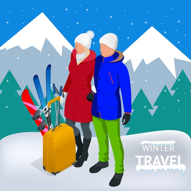 Reis op een wintervakantie in de bergen. Winter reisconcept. Kerst reizen. Reis naar de wereld. Banner, reis, illustratie.