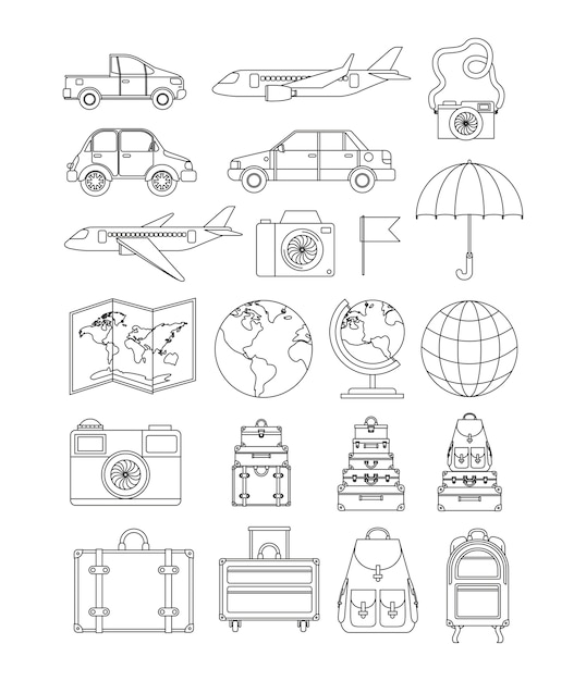 Reis rond de wereld stel pictogrammen