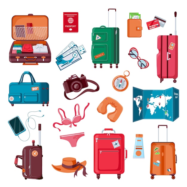 Reis spullen. Cartoon bagage, kleding, kaart, camera, paspoort en vliegtickets. Ingepakte koffer. Zomervakantie accessoires vector set. Illustratie koffer tas, kleding spullen voor op reis