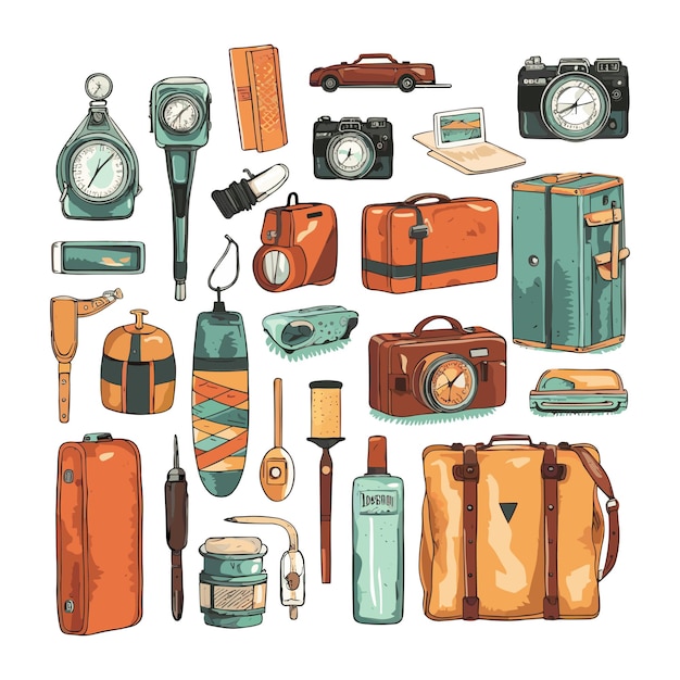 Reisaccessoires illustratie icon pack retro kleuren op witte achtergrond