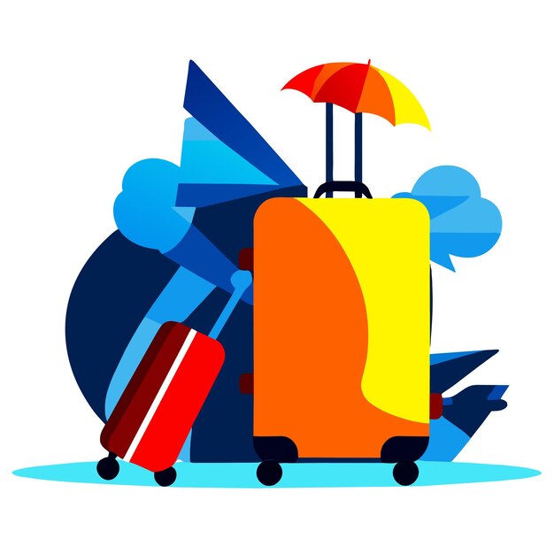 Reisbagage cartoon gekleurd ontwerpconcept met geopende reiszak vol kledingstukken en strand