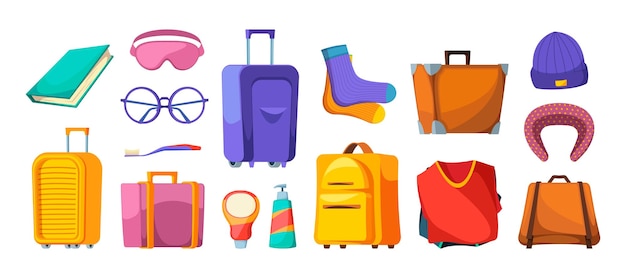 Reisbagage spullen Cartoon zomervakantie bagage met zonnebril sokken hoofdkussen en tandenborstel platte tassen met items op bagage Vector illustratie Koffer met kleding en accessoire