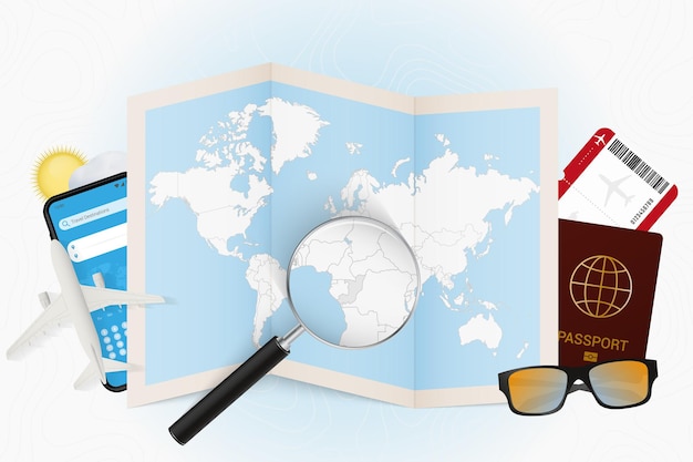 Reisbestemming congo, toerismemodel met reisuitrusting en wereldkaart met vergrootglas op congo.