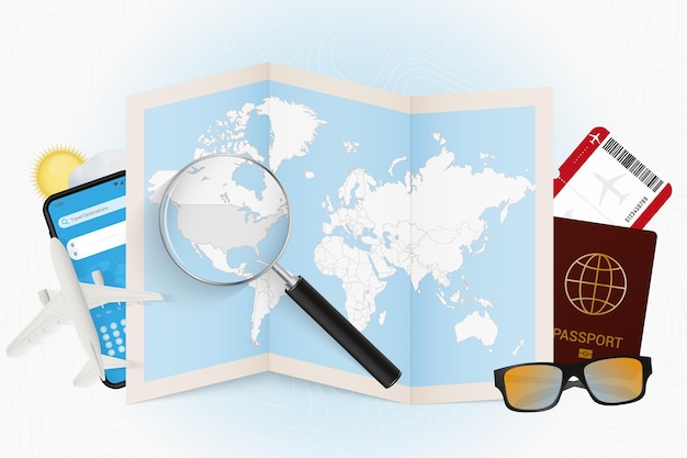 Reisbestemming VS-toerismemodel met reisuitrusting en wereldkaart met vergrootglas