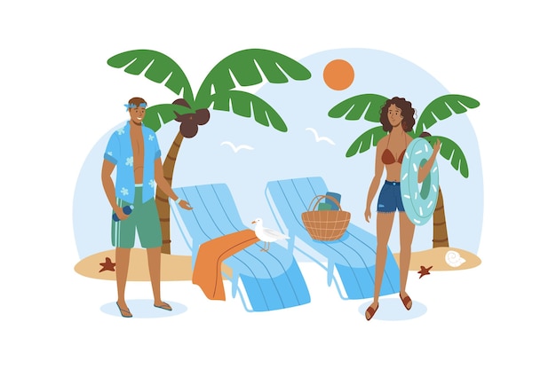 Vector reisblauw concept met mensenscène in het platte cartoonontwerp twee vrienden komen naar het strand