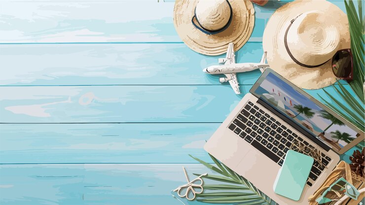 Vector reisbloggingconcept met laptop en houten vliegtuig