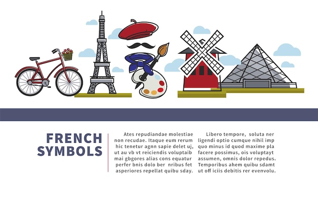 Reisbureaubrochures franse cultuur en symbolen architectuur en keuken vector