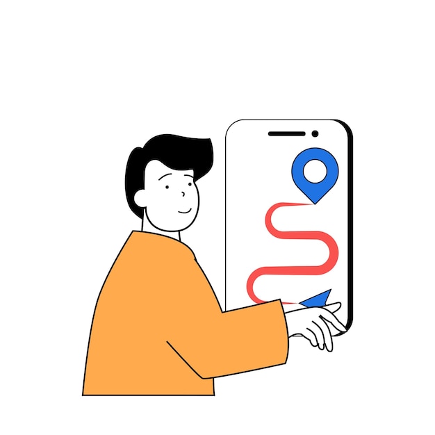 Reisconcept met cartoon mensen in plat ontwerp voor web Man gaat naar vakantierust en plant reisroute op kaart in mobiele app Vectorillustratie voor sociale media banner marketingmateriaal
