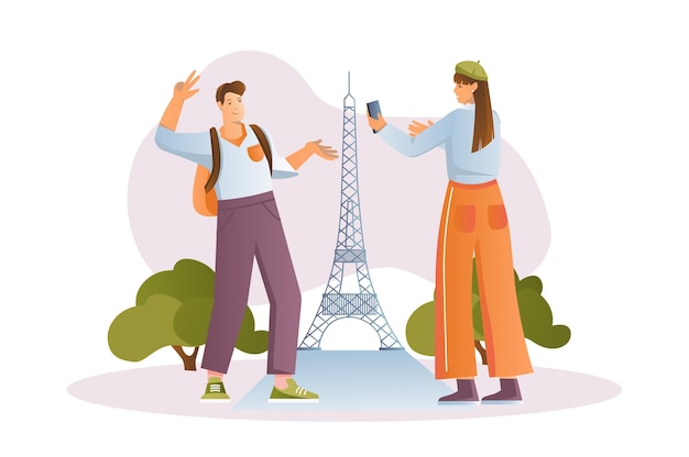 Reisconcept met mensenscène in cartoonstijl Een stel wordt gefotografeerd in de buurt van de Eiffeltoren