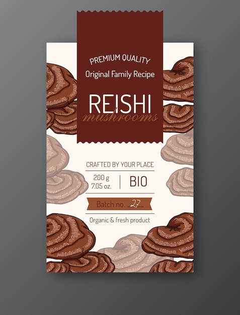 Reishi mushroom label template Modern vector packaging design layout Isolated