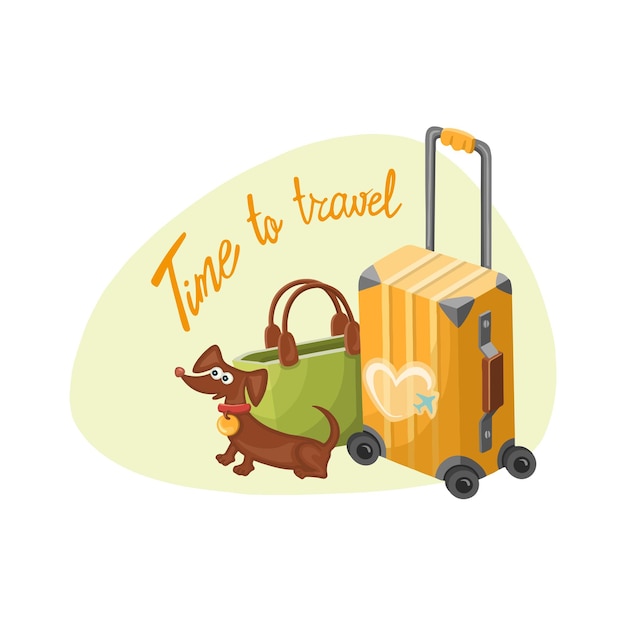 Reishond geïsoleerd Een glimlachende dachshund gaat op reis illustratie in kleur cartoon stijl