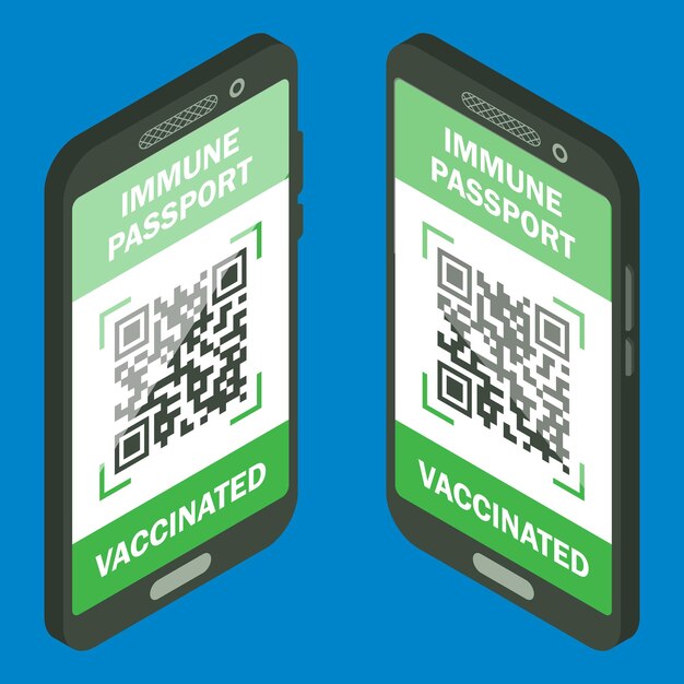 Reisimmuunpaspoort in mobiele telefoonisometrisch immuniteitscertificaat voor veilig reizen of winkelen