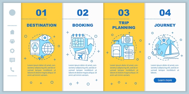 Reisorganisatie onboarding mobiele webpagina's vectorsjabloon