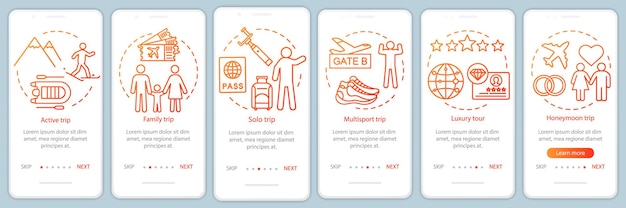 Reisstijlen onboarding paginascherm voor mobiele apps met lineaire concepten