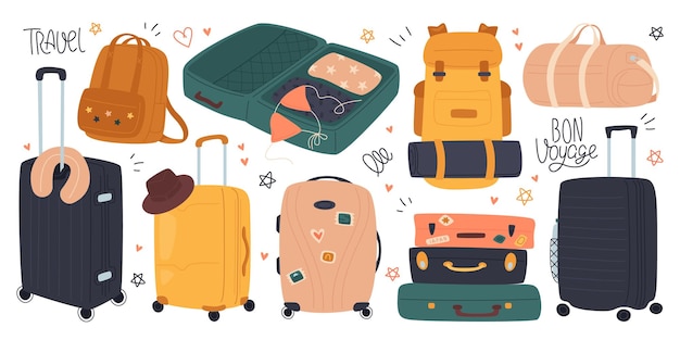Reistassen en koffers platte illustraties set Handbagage rollende spinnerbagage reistassen toeristische rugzak en sporttassen Ontwerpelementen