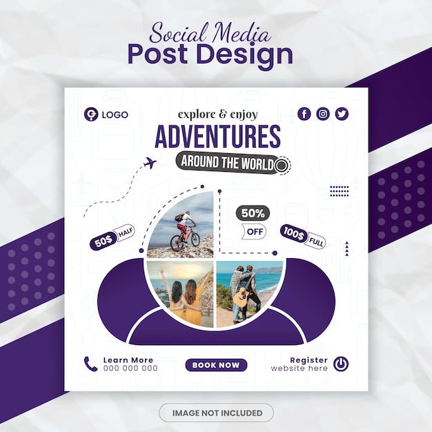 Reistour en vakantiebureau social media post ontwerp instagram post avontuur banner sjabloon