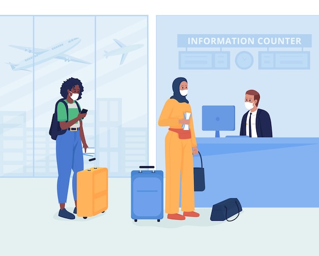 Reisveiligheid voor vlucht egale kleur vectorillustratie. Vrouwen met kaartjes die in de rij wachten om in te checken. Passagiers in gezichtsmaskers 2D stripfiguren met luchthaventerminal interieur op achtergrond