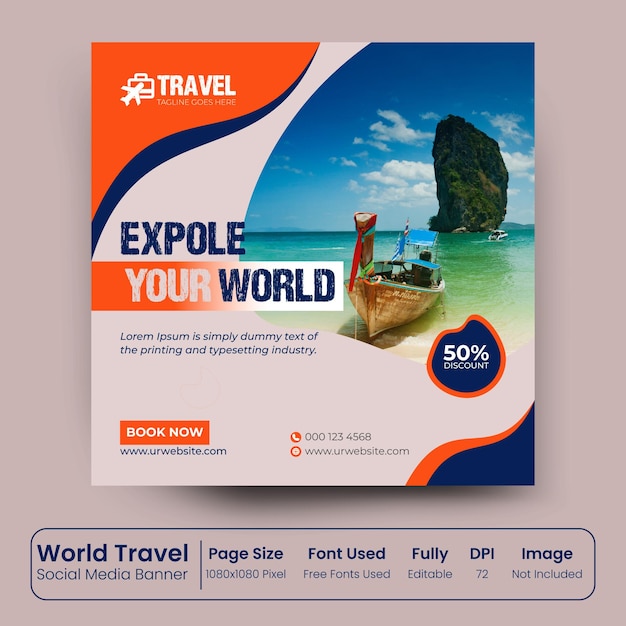 reisverkoop sociale media postsjabloon reisbureau zakelijke aanbieding promotiebanner