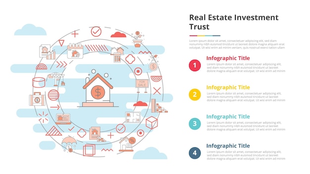 ベクトル 4 つのポイント リスト情報ベクトル図とインフォ グラフィック テンプレート バナーの reit 不動産投資信託コンセプト