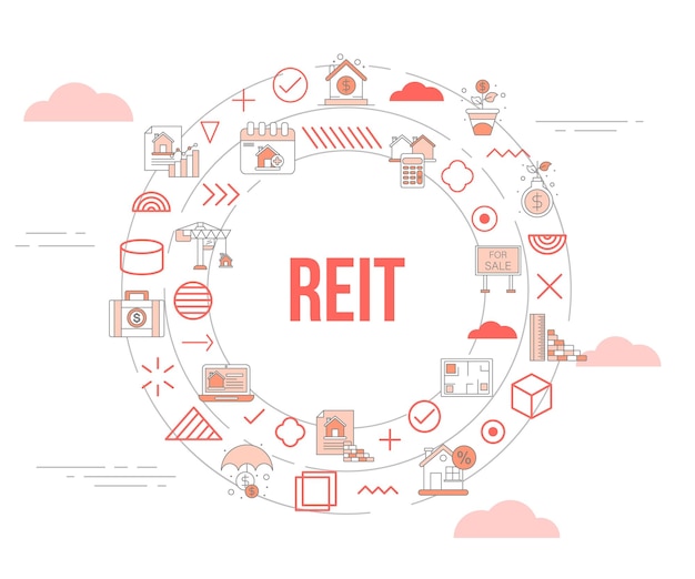 Vettore concetto di trust di investimento immobiliare reit con banner modello set di icone e illustrazione vettoriale a forma rotonda del cerchio