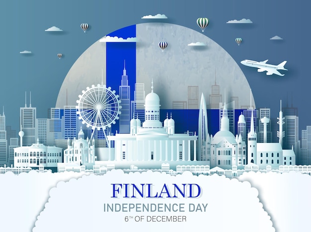 Reizen bezienswaardigheden Finland stad met viering finland onafhankelijkheidsdag op vlag achtergrond