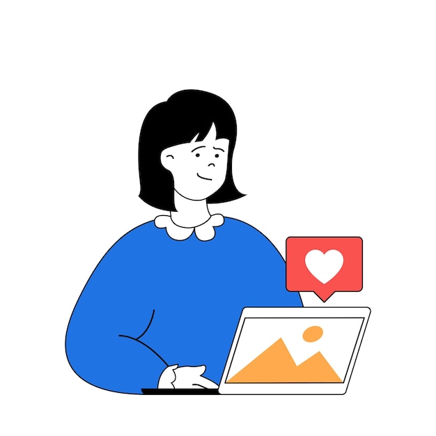 Reizen concept met cartoon mensen in plat ontwerp voor web Vrouw delen van foto's van de zomervakantie op online berichten en krijgt likes Vectorillustratie voor sociale media banner marketingmateriaal