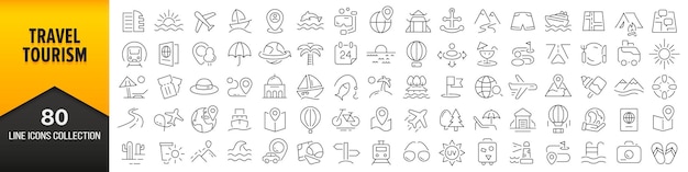 Reizen en toerisme lijn iconen collectie Grote UI icon set in een platte ontwerp Dunne omtrek iconen pack Vector illustratie EPS10