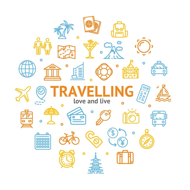 Reizen en toerisme ronde ontwerp sjabloon lijn pictogram concept vector