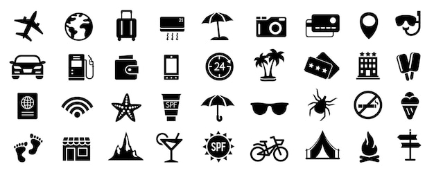 Reizen en toerisme vector iconen set Grote set van zwarte platte iconen geïsoleerd op witte achtergrond
