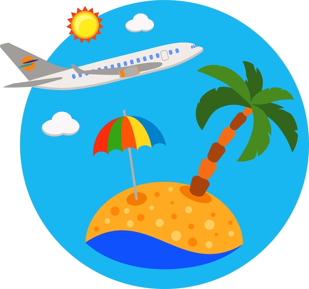 Reizen en vakantie plat pictogram voor websitereclame zoals eilandpalmboomvliegtuigen