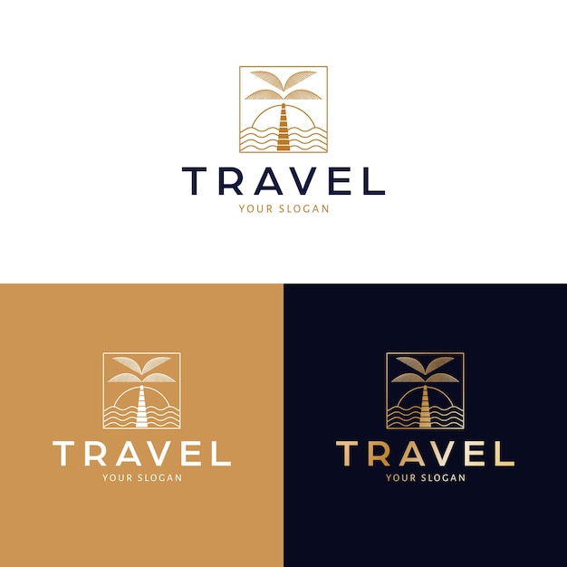 Reizen logo ontwerp Palm en zonsondergang vector logo Tropische vakantie logo sjabloon