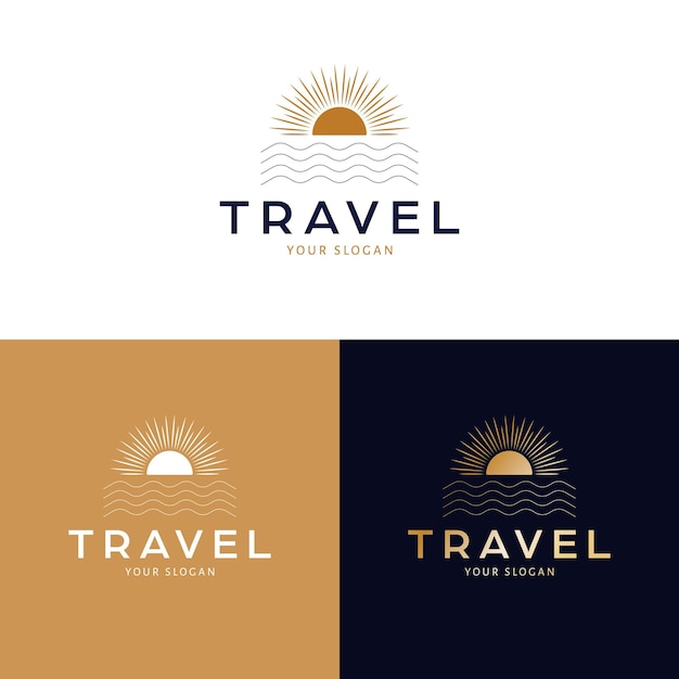 Reizen logo ontwerp Zonsondergang en zee abstract vector logo Tropische vakantie Boheemse logo