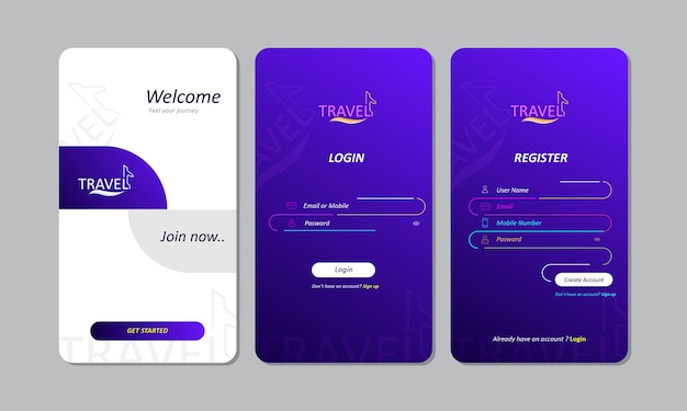 Reizen mobiele app inloggen ontwerp
