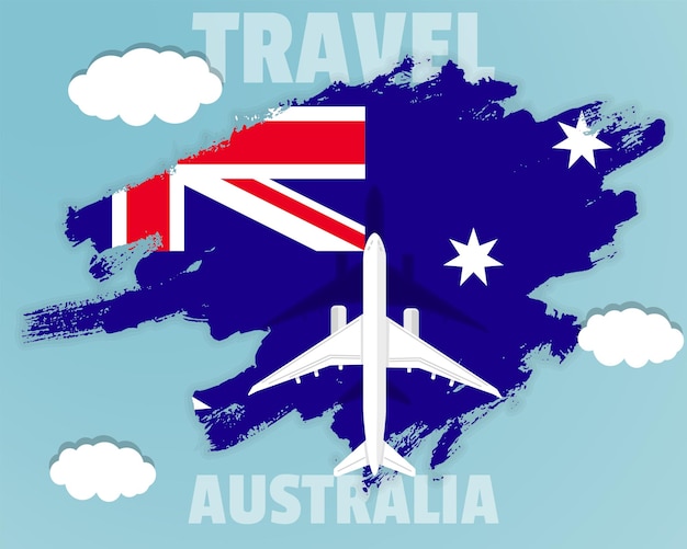 Reizen naar Australië bovenaanzicht passagiersvliegtuig op Australië vlag land toerisme banner idee