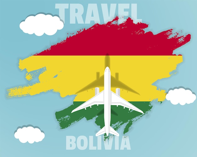 Reizen naar Bolivia bovenaanzicht passagiersvliegtuig op Bolivia vlag land toerisme banner idee
